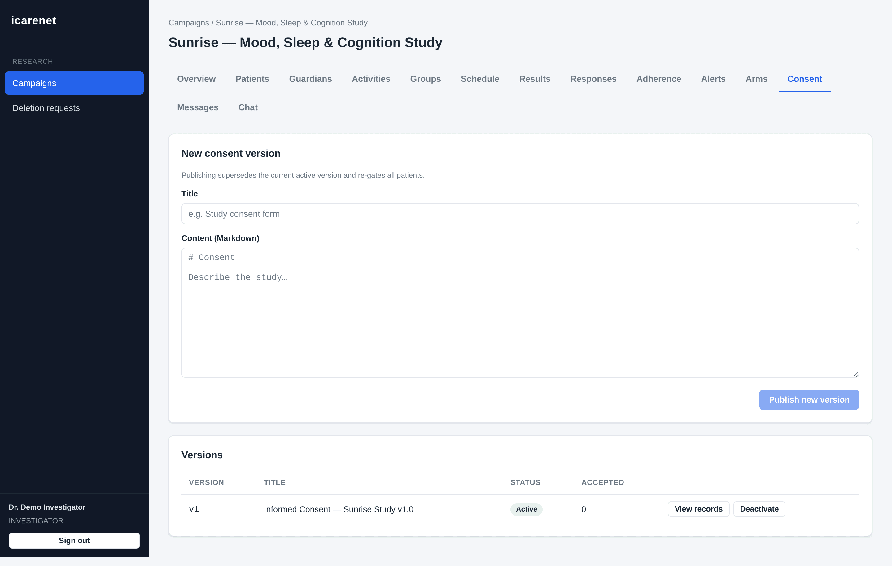 I-Carenet versioned e-consent